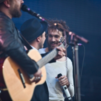 Marcus Mumford joins Edward Sharpe and the Magnetic Zeros on stage for a song, Sunday, March 26th. Photo by Kim Jay.