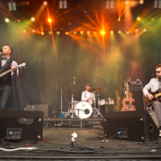 Ontario band, Elliott Brood, play to an excited Canadian crowd at the Yeti tent on Monday morning. Photo by Kim Jay.